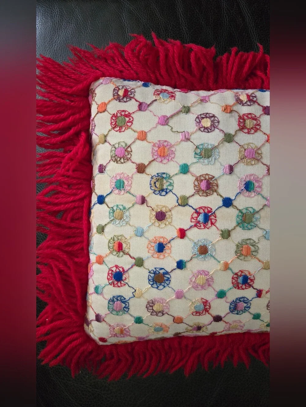 Vintage Embroidered Multicolor Decorative Throw Pillow with Red Fringe
